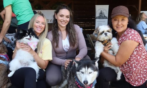 Three women taking a picture with their dogs at Ruffinery Dog Lovers Social Club.